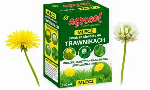 Opakowanie preparatu "MLECZ zwalcza chwasty na trawnikach" z mniszkiem i koniczyną.