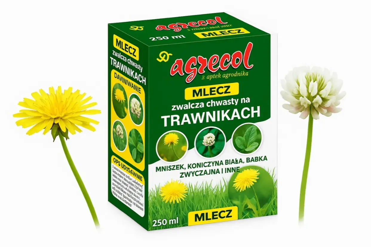 Opakowanie preparatu "MLECZ zwalcza chwasty na trawnikach" z mniszkiem i koniczyną.